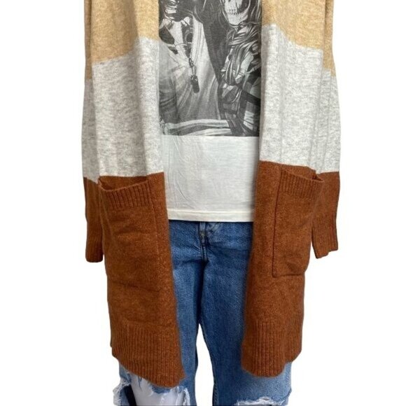 A New Day Striped Cardigan Tan Grey Tawny Long Acrylic Sweater Size XS - Picture 3 of 10